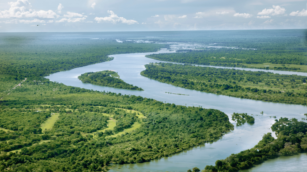 Aerial view of a winding river cutting through a lush green landscape, with dense forests on either side. The sky is partly cloudy, creating a serene and natural scene.